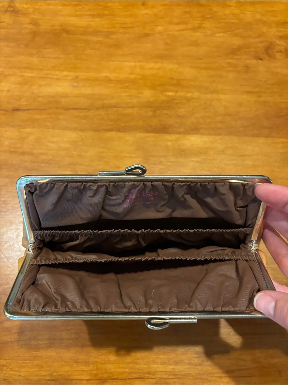 VINTAGE SABRINA Caramel Leather Pouch w/ Brass Snap Closure Lined Make Up Pouch